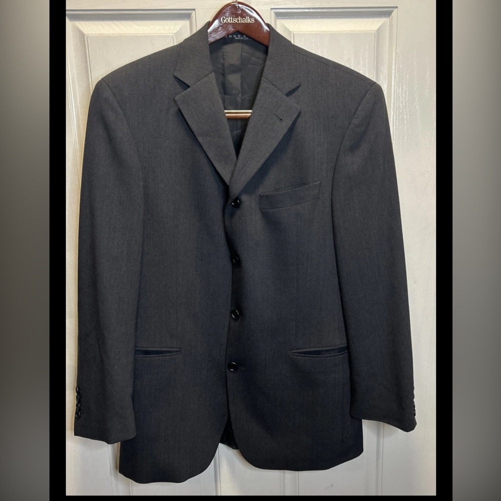 Vintage Y2K Hugo Boss 4-Button Suit Jacket Men 38R Gray Virgin Wool Made in USA